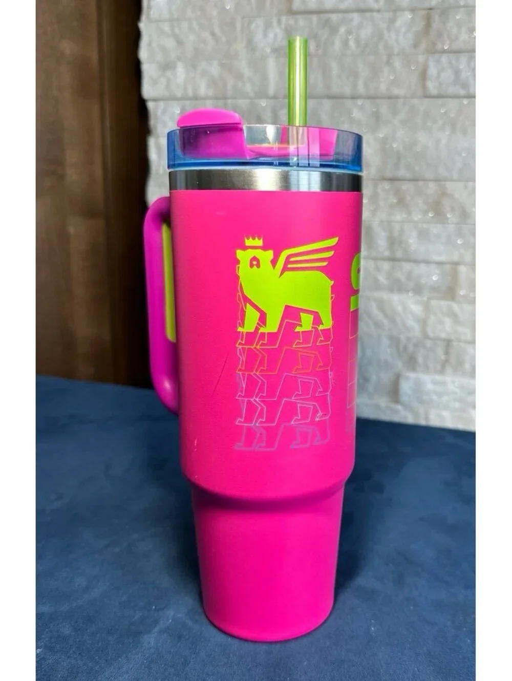 Neon pink STANLEY Tumbler Cup with Handle and Straw